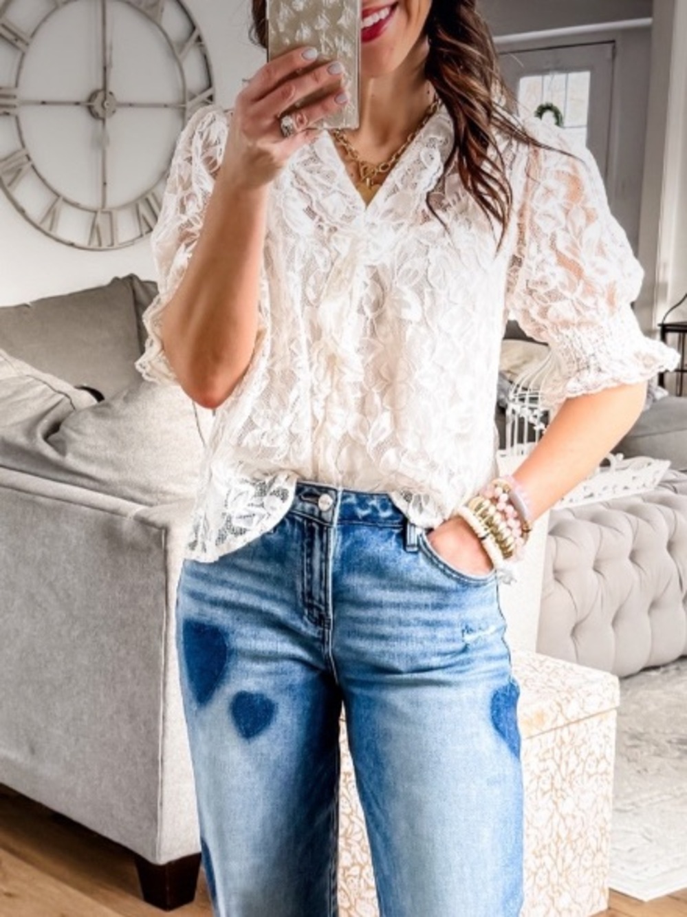 Lace V-Neck Puff Sleeve Top with detachable cami